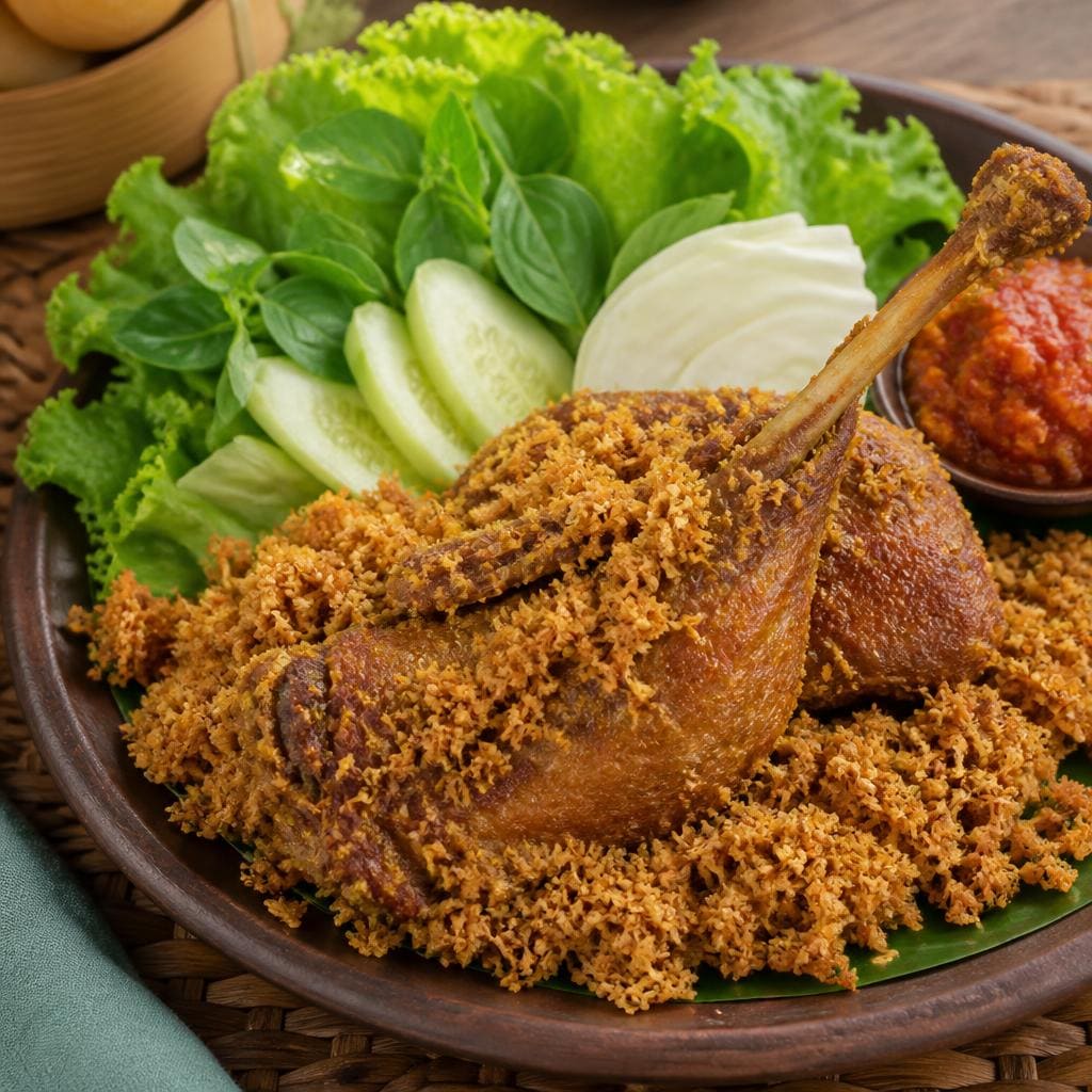 Bebek Goreng Kremes Es Teler 77 dengan lalapan